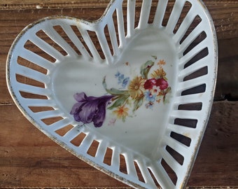 Vintage White Bavaria Porcelain Floral Hear Shaped Trinket Dish, Germany