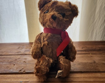 Vintage Dakin marrón rojo arco articulado oso de peluche