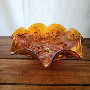 Vintage Boho Marigold Iridescent Orange Rose Imperial Carnival Glass Bowl