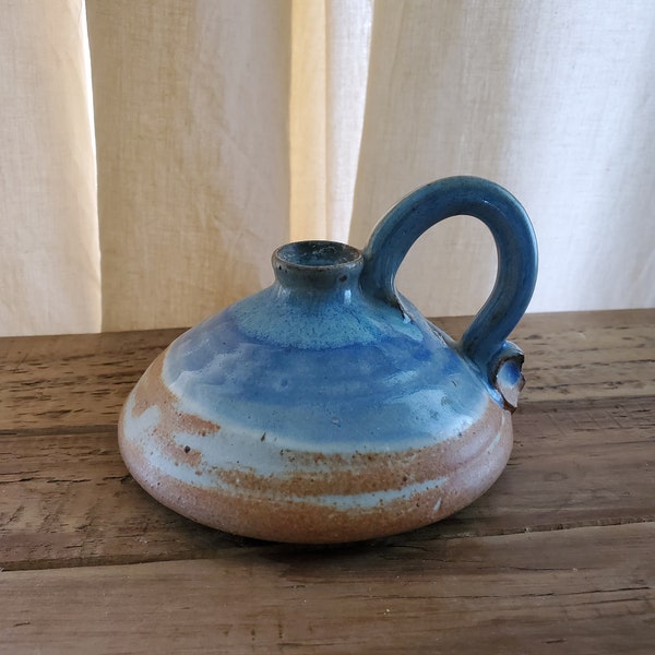 Vintage Blue & Tan Ceramic Artisan Made Pottery Handled Candle Holder