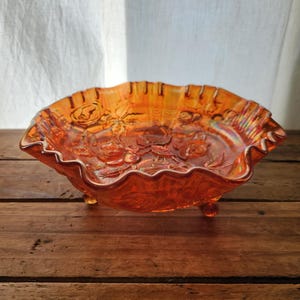 Vintage Imperial Marigold Carnival Glass Open Rose Footed Bowl