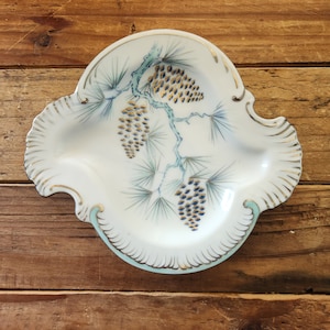 Vintage Boho Decor Porcelain Pinecone Gold & Dilver Trimmed Plate