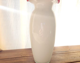 Vintage Handblown Glass White & Red Ruffled Edge Vase