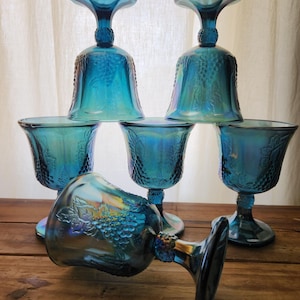 Vintage Boho Set of 6 Iridescent Blue Carnival Indiana Glass Harvest Grape Wine Glasses
