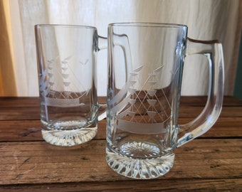 Set of 2 Vintage Etched Glass Nautical  Clipper Sailboat Princess House Beer Mugs