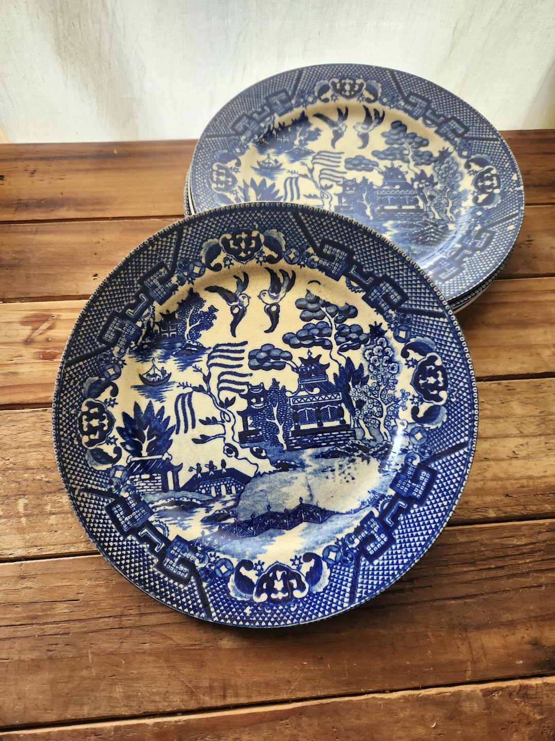骨董Blue Willowブルーウィロー円形1枚楕円形4枚計5枚セット食器陶磁器 Antique Porcelain Set of 4 Transor Ware Blue Willow Plates, Japan