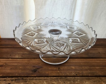 Vintage Clear Glass Geometric Pedestal Cake Stand