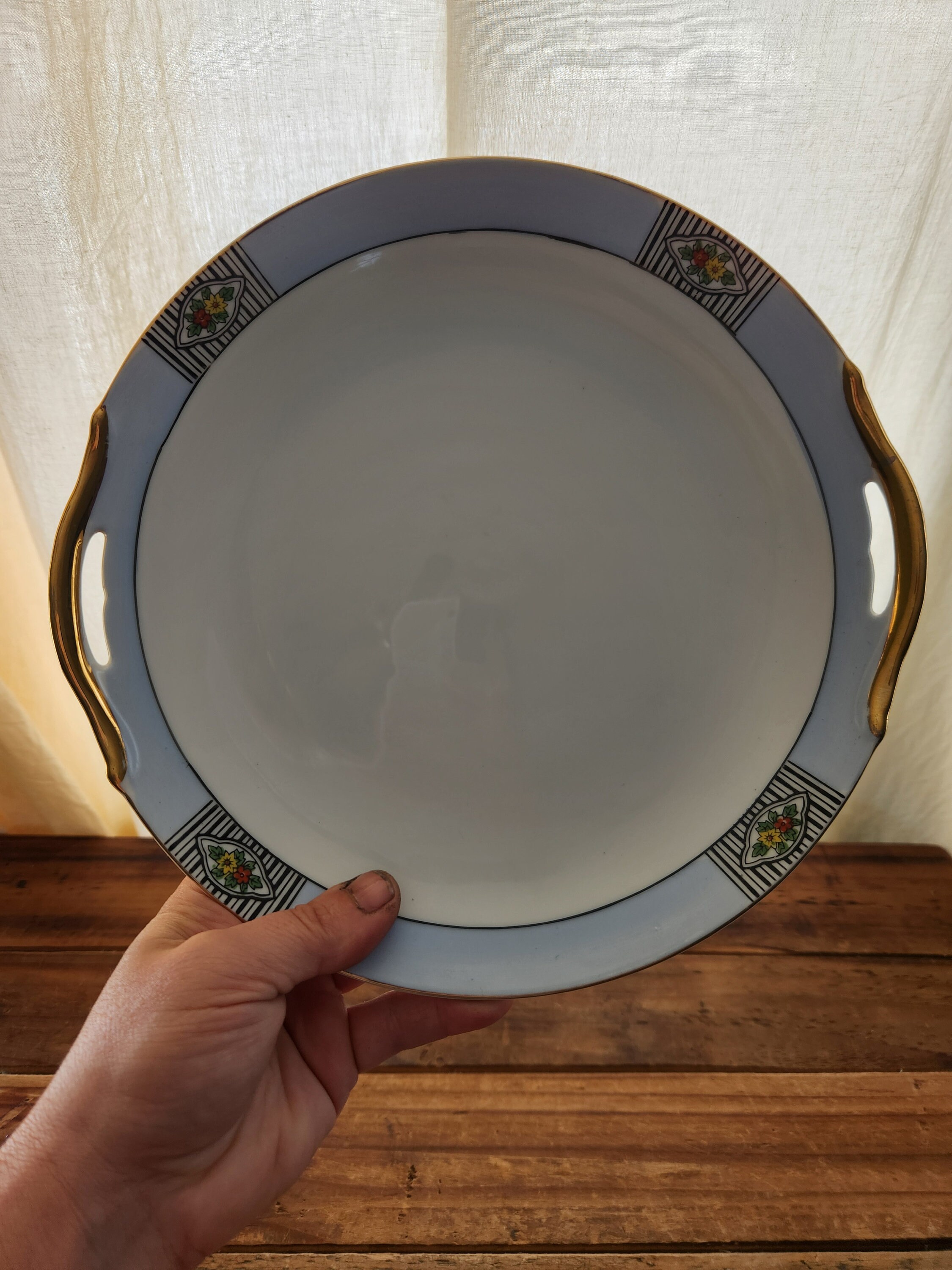 Vintage Porcelain Noritake Blue Double Handle Gold Trimmed Plate