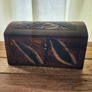 Vintage Boho Carved Wooden Hinged Jewelry Box Chest