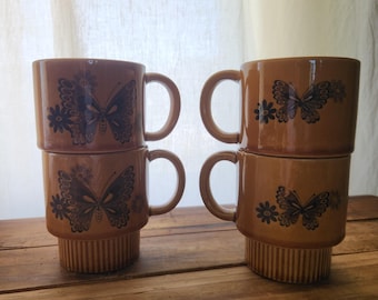 Boho Vintage Set of 4 Ceramic Tan & Brown Butterfly Flower Coffee Mugs, Japan