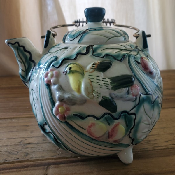 Vintage Ceramic Humming Bird, Cherry Blossom, Leaf Tea Pot