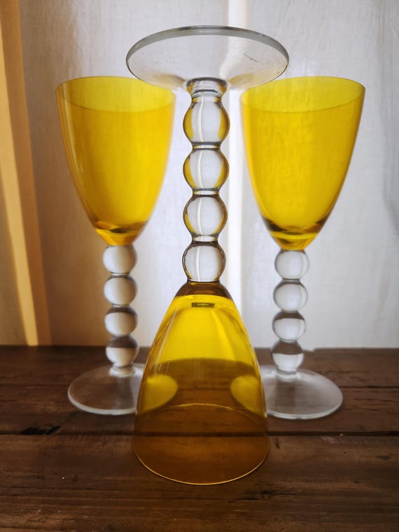 Vintage Vietri Set of 3 Yellow With Geometric Thick Bubble Stem Wine  Glasses, Italy