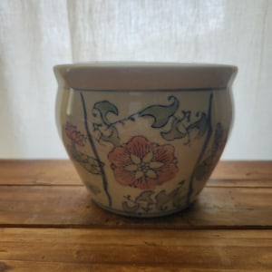 Vintage Ceramic Asian Pink Floral White & Blue Flower Pot