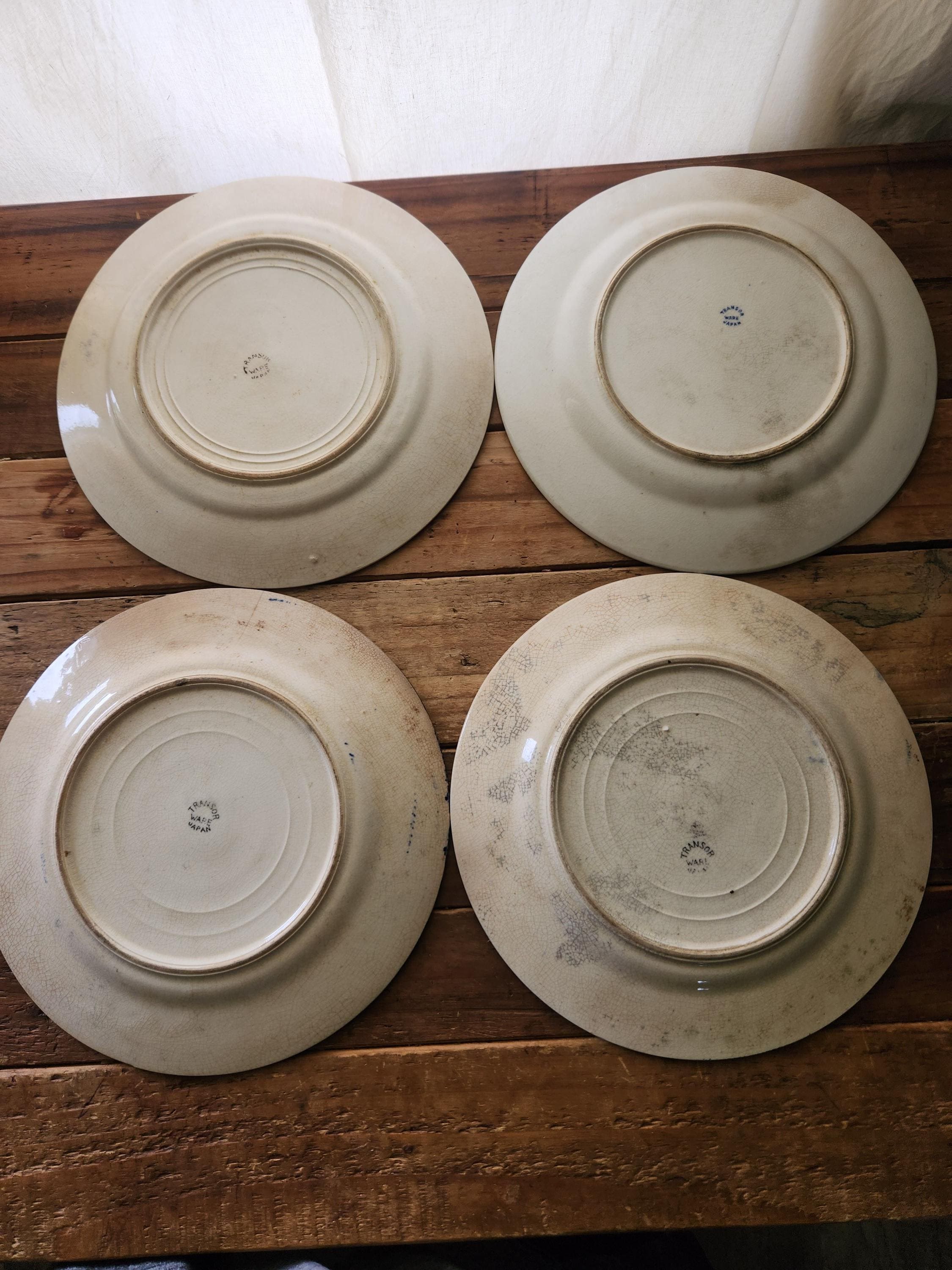 Antique Porcelain Set of 4 Transor Ware Blue Willow Plates, Japan
