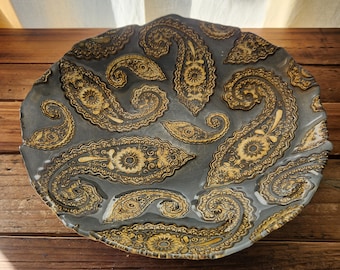 Vintage Boho Gray & Gold Paisley Turkish Glass Centerpiece Bowl