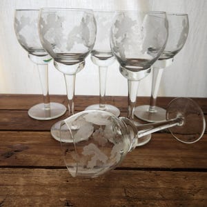 Vintage set med 6 små etsade vinglas i vinranka