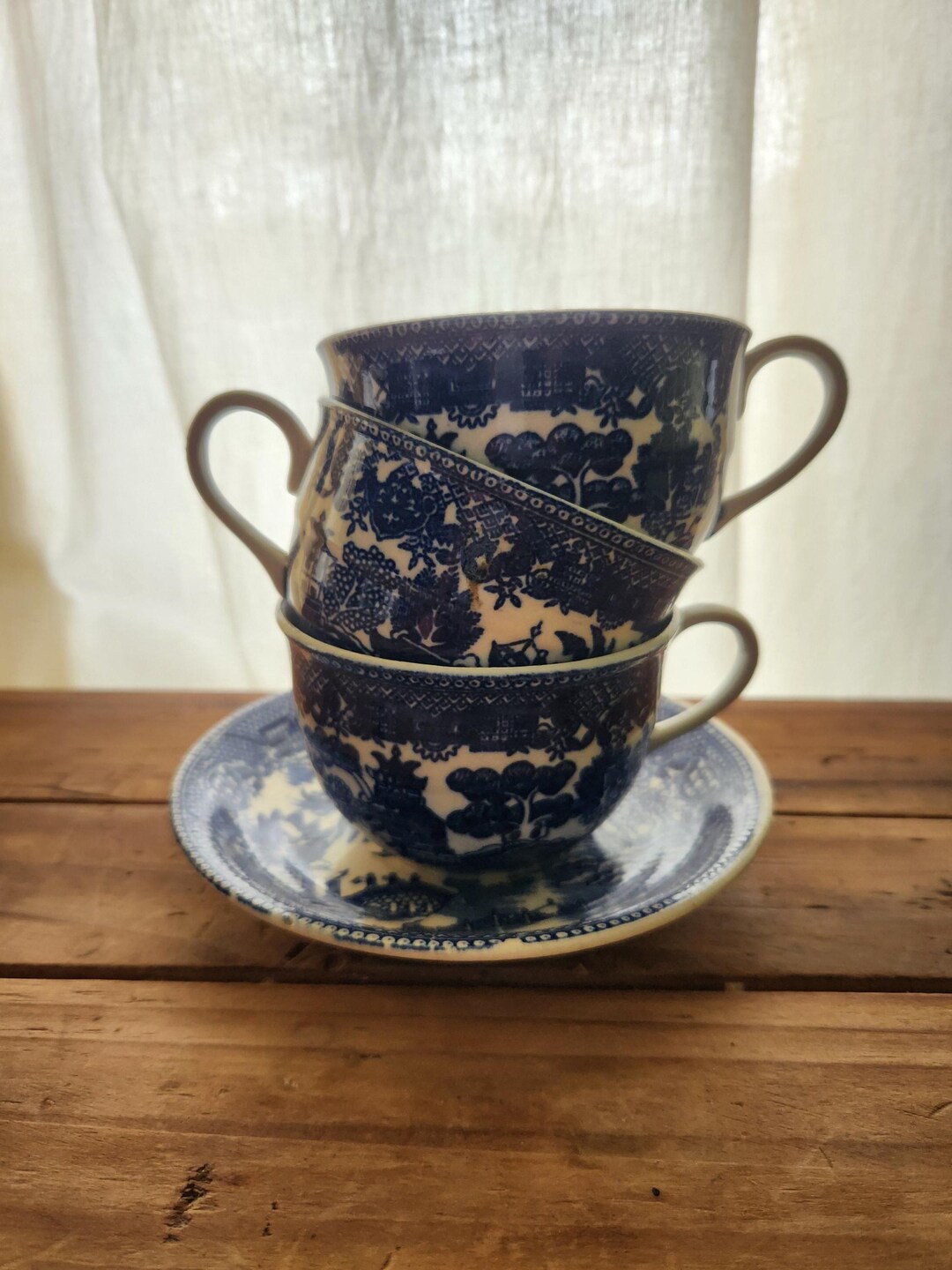 Vintage Porcelain Blue Willow Japanese Transor Ware 1 Saucer & 3 Tea ...