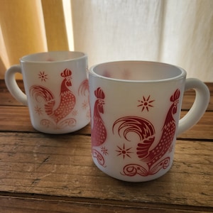 Set of 2 Vintage Red Rooster White Milk Glass Hazel Atlas Coffee Mugs