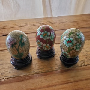 Set of 3 Floral Cloisonne Enameled Vintage Eggs