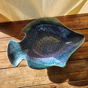 Vintage Studio Pottery Blue Fish Shaped Serving Bowl
