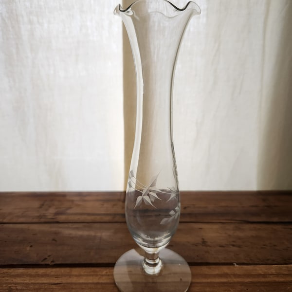 Skinny Vintage Clear Etched Glass Floral Footed Bud Vase