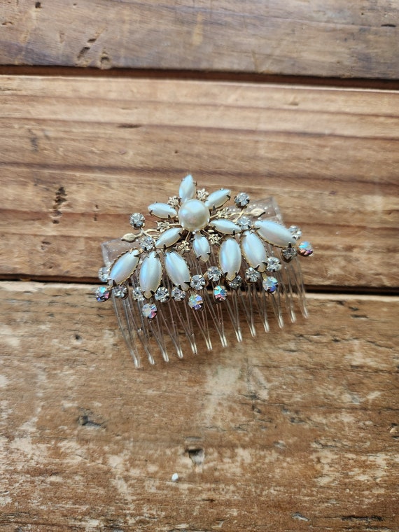 Vintage White Pearl Rhinestone Flower Bridal Hair… - image 1