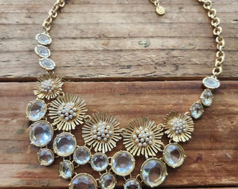 Vintage Talbots Gold Tone Faux Pearl Flower & Crystal Rignstone Statement Bib Necklace