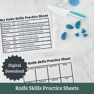 May include: A printable knife skills practice sheet with a chart showing different knife cuts and their descriptions. The sheet is labeled "My Knife Skills Practice Sheet" and includes cuts like rough chop, medium dice, small dice, mince, slice, batonnet, julienne, and coin.