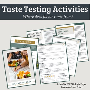 Puede incluir: Una descarga PDF imprimible para una actividad de degustación para niños. El documento incluye una búsqueda del tesoro sensorial, una bandeja de degustación verde y una página de notas de expedición de degustación. El título del documento es "Actividades de degustación: ¿De dónde proviene el sabor?"