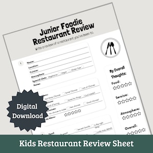 Junior Foodie Kids Restaurant Review Journal, Instant Download Printable,