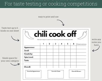 Chili Cook-off Taste Testing Scorecard Printable for Parties and Competitions