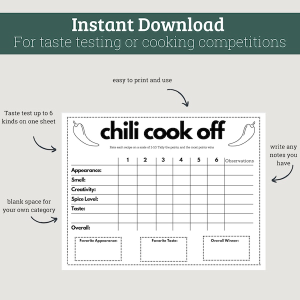 Chili Cook-off Taste Testing Scorecard Printable for Parties and Competitions