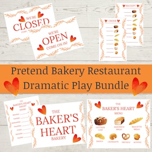 Puede incluir: Paquete de juego de simulación de restaurante de panadería imprimible con letreros, menús y formularios de pedido. Los letreros dicen "Estamos cerrados" y "Estamos abiertos ¡Pásen!" El menú dice "El Corazón del Panadero" y presenta una variedad de productos horneados, que incluyen pan de campo, pan de sándwich, pan de baguette, bagels, croissants, pretzels y muffins.