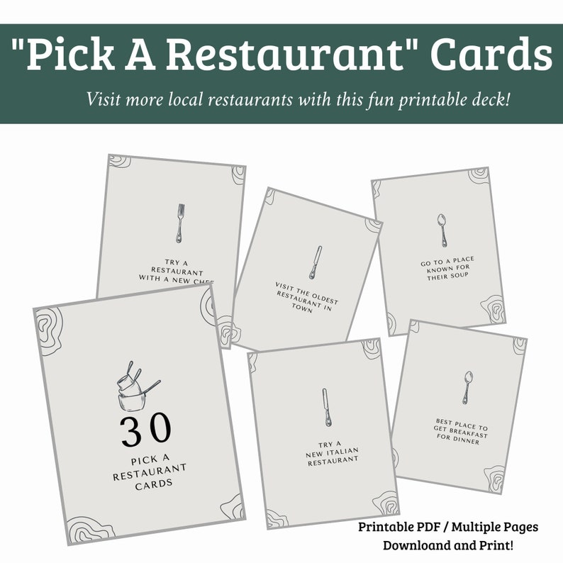 Pick a Restaurant Cards, Meal Planning Cards, Foodie Gifts, Printable