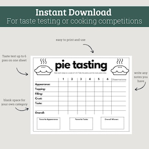 Pie Taste Testing Sheet for Pie Competitions, Baking Competitions, or Pie Parties image 1