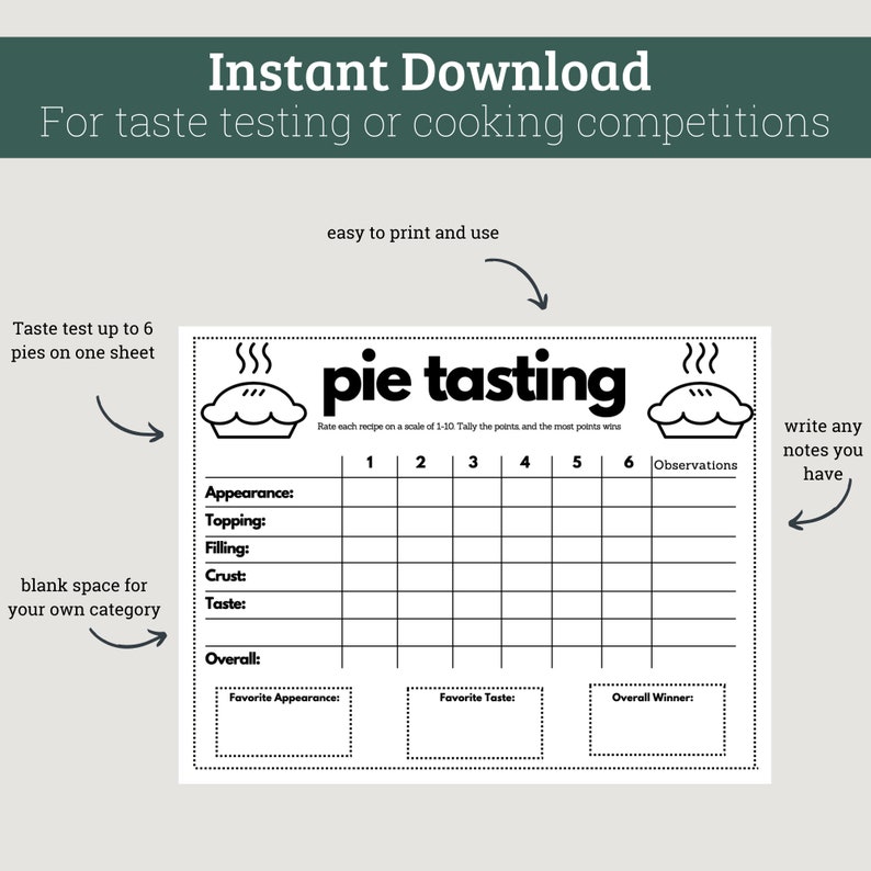 Pie Taste Testing Sheet for Pie Competitions, Baking Competitions, or Pie Parties image 1