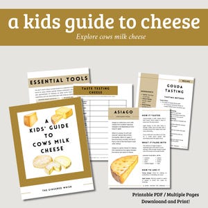 Puede incluir: Una guía de queso para niños, con un libro con marco dorado con ilustraciones de acuarela de queso. El título del libro se muestra con el texto "A Kids' Guide to Cows Milk Cheese". Páginas adicionales incluyen guías de degustación de queso.