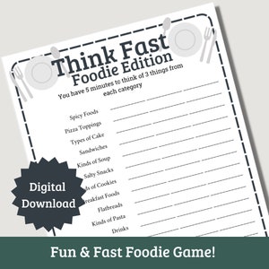 Think Fast Foodie Game, Instant Download Printable Activity