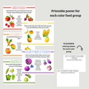 May include: Printable poster with colorful illustrations of different food groups. Each poster features a title with the color of the food group and a list of foods in that color. The poster also includes a section for drawing your favorite foods in that color group.
