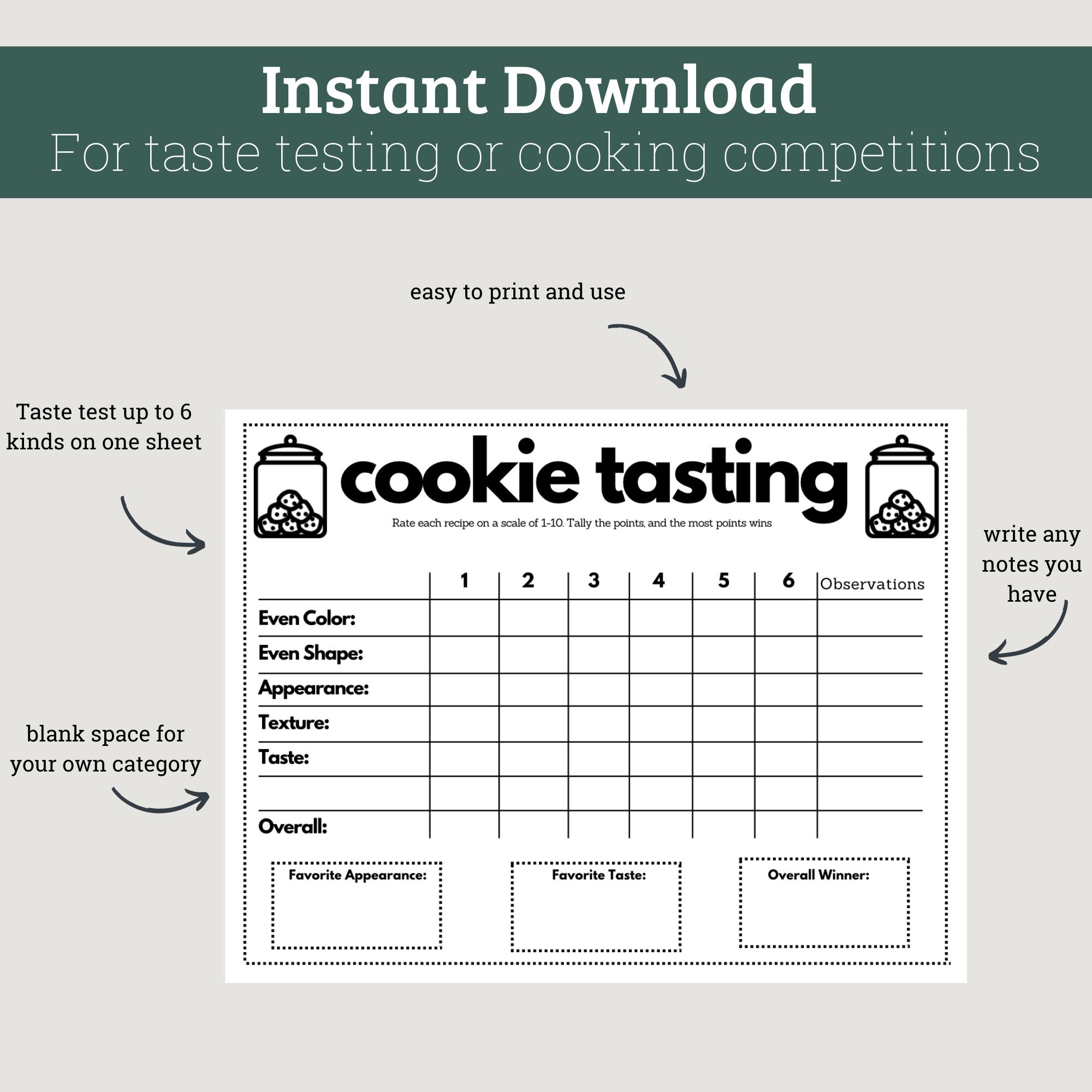Cookie Taste Testing Sheet for Cookie Competitions Baking