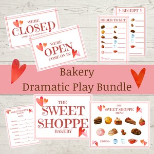 May include: A printable set of bakery-themed play signs for kids. The signs include an open and closed sign, a menu, an order ticket, and a receipt. The signs are decorated with hearts and have a watercolor look.