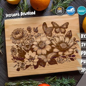 Blumen und Schmetterlinge Schneidebrett SVG, Sonnenblume Schmetterling Schneidebrett & Gravur DIY Datei für einzigartiges Küchen Geschenk