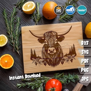 Highland Cow SVG Cutting Board Artwork - Cute Highland Cow Decor and Print - Cow Silhouette & Head SVG - Farmhouse Kitchen Decor