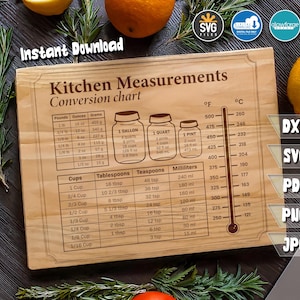 Pode incluir: Um gráfico de conversão de medidas de cozinha em madeira com texto, incluindo uma escala de temperatura. O gráfico fornece conversões para xícaras, colheres de sopa, colheres de chá e mililitros. O texto "Instant Download" é visível.