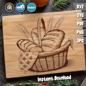 May include: A hand-drawn illustration of a wicker basket filled with loaves of bread. The basket is sitting on a checkered cloth and there are wheat stalks behind the basket.