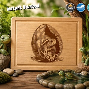 May include: A wooden cutting board with a laser-etched design of a turtle hatching from an egg. The board is surrounded by decorative turtle figurines and a small pond. The words "Instant Download" are visible.