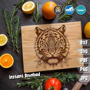 Tiger Gesicht SVG - Tigerkopf Mandala Design- | Einzigartige Schürze & Schneidebrett SVG-Dateien | Laser-Schneidebrett Vorlage