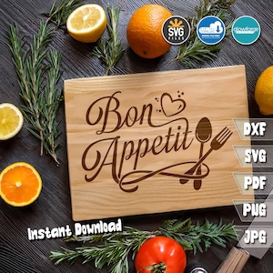 Bon Appétit! Schneidebrett SVG-Datei, Charcuterie Board Design SVG-Datei, Küchendekoration, kreative Küchenkunst