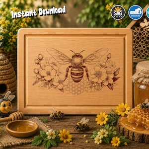 Honey Bee Cutting Board SVG: Floral Kitchen Craft Design (Digital Download