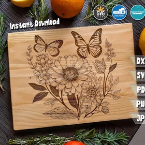 Floral Butterfly and Wildflower Svg for Kitchen Diy - Cutting Board Design, Wildflower Theme SVG for Cutting Board - Butterfly Kitchen Decor